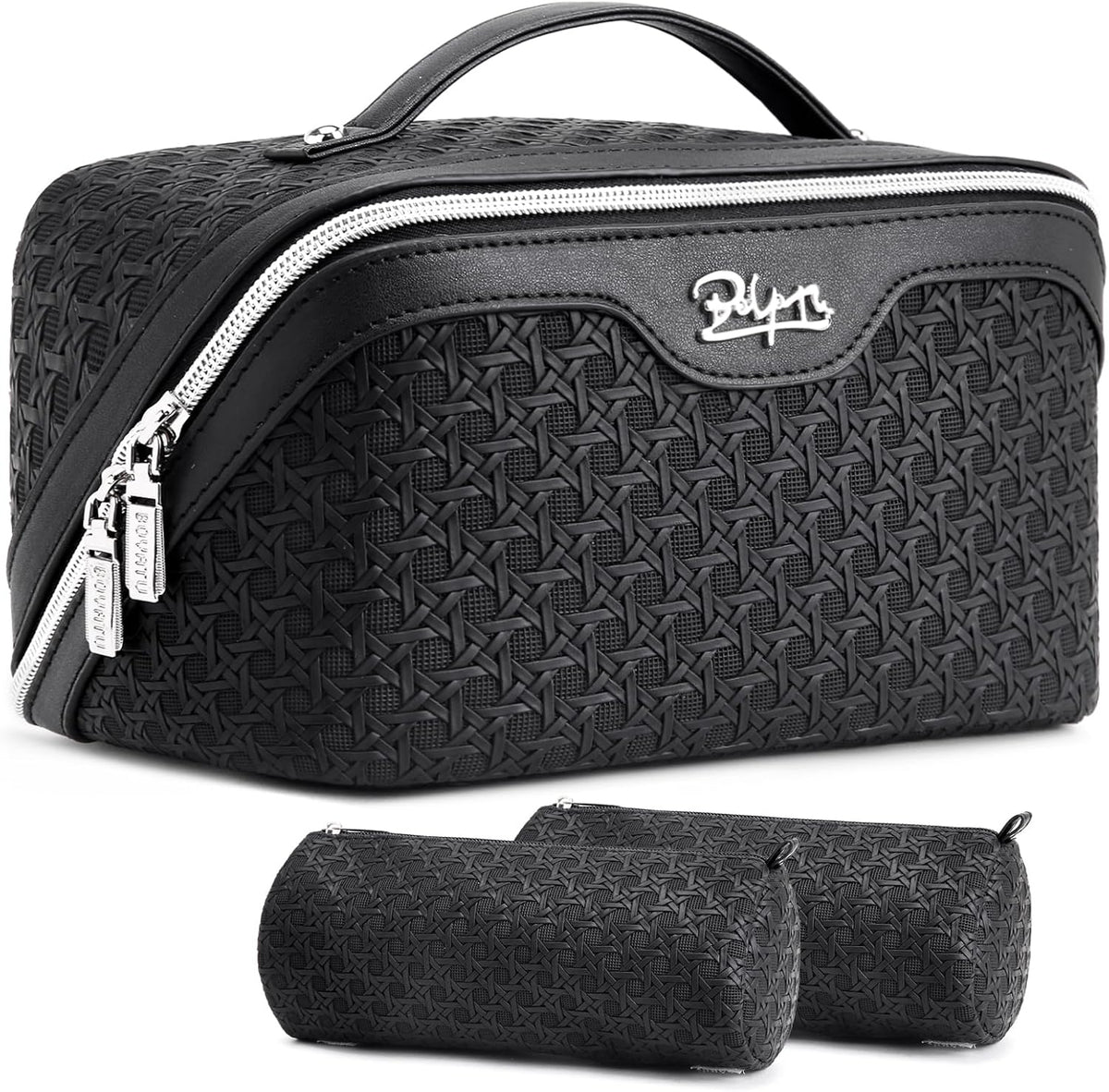 Travel Makeup Bag Cosmetic Bags for Women: Large Capacity 3 Pcs Set Make up Bag with Compartments - Waterproof Vegan Leather Toiletry Organizer Bags with Handle (Z-65Light Green)