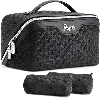 Travel Makeup Bag Cosmetic Bags for Women: Large Capacity 3 Pcs Set Make up Bag with Compartments - Waterproof Vegan Leather Toiletry Organizer Bags with Handle (Z-65Light Green)