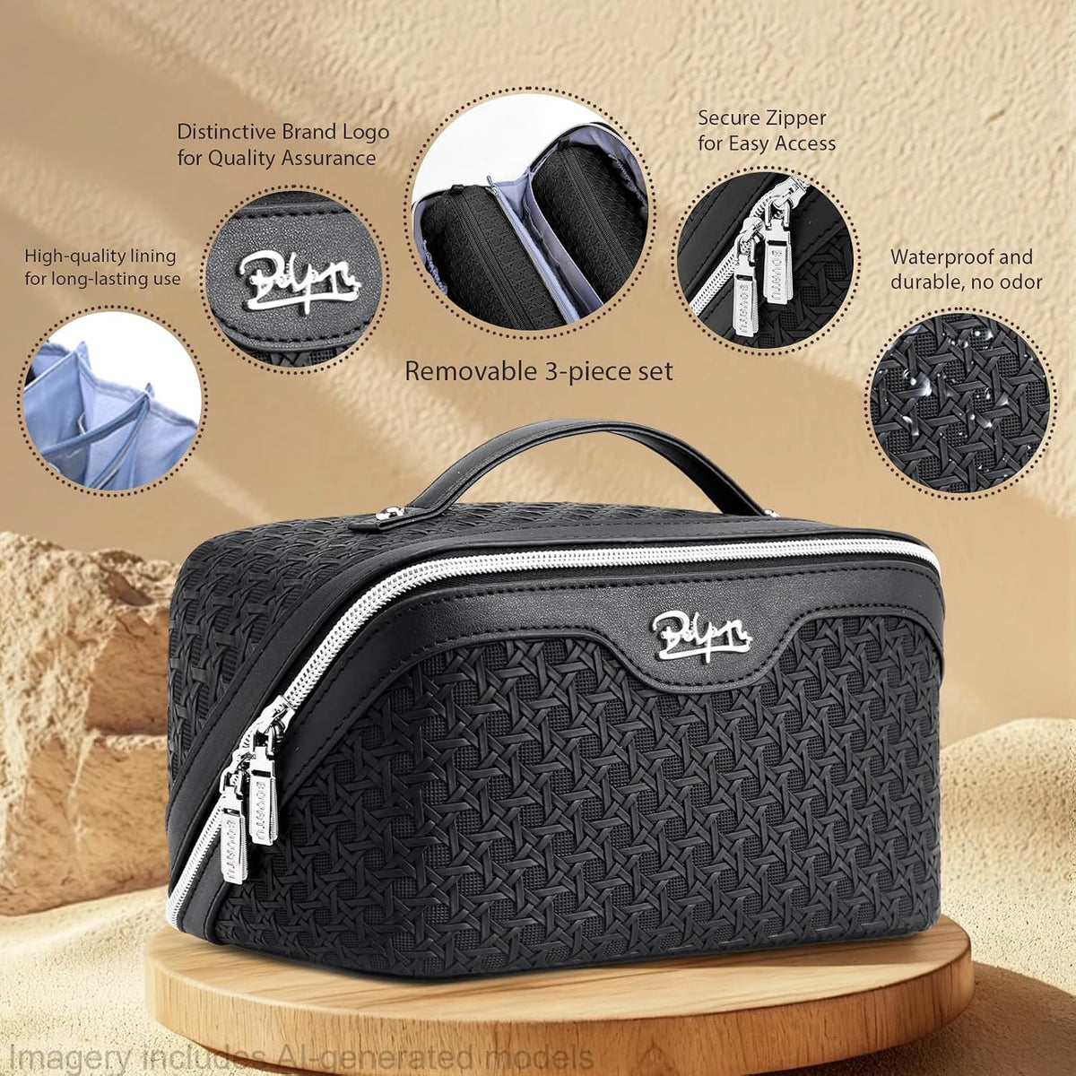 Travel Makeup Bag Cosmetic Bags for Women: Large Capacity 3 Pcs Set Make up Bag with Compartments - Waterproof Vegan Leather Toiletry Organizer Bags with Handle (Z-65Light Green)