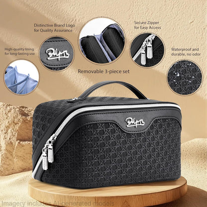 Travel Makeup Bag Cosmetic Bags for Women: Large Capacity 3 Pcs Set Make up Bag with Compartments - Waterproof Vegan Leather Toiletry Organizer Bags with Handle (Z-65Light Green)