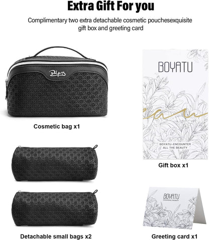 Travel Makeup Bag Cosmetic Bags for Women: Large Capacity 3 Pcs Set Make up Bag with Compartments - Waterproof Vegan Leather Toiletry Organizer Bags with Handle (Z-65Light Green)