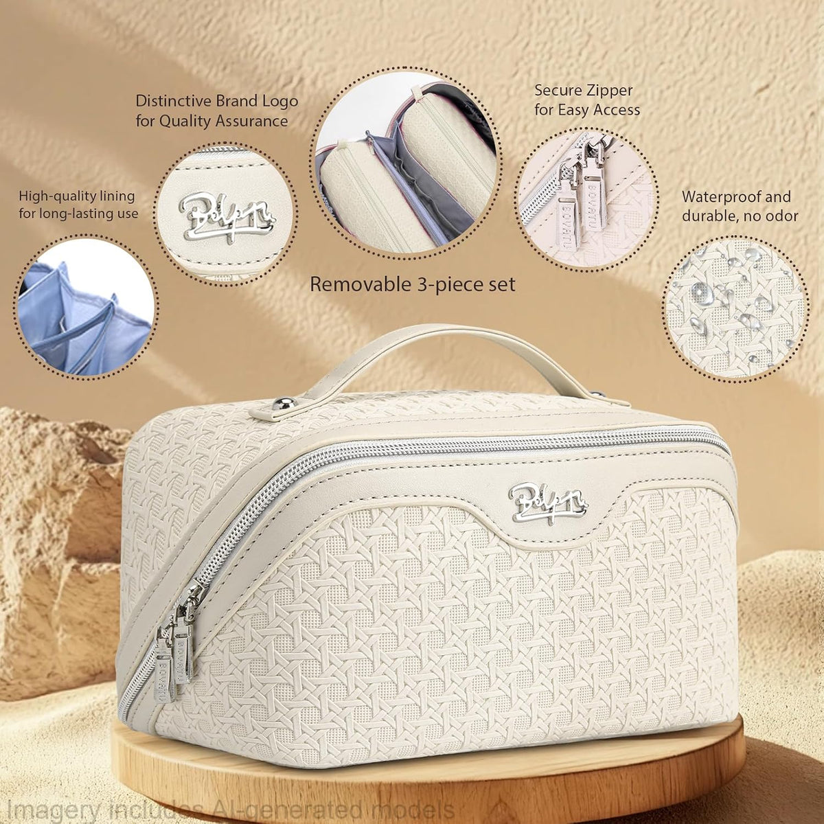 Travel Makeup Bag Cosmetic Bags for Women: Large Capacity 3 Pcs Set Make up Bag with Compartments - Waterproof Vegan Leather Toiletry Organizer Bags with Handle (Z-65Light Green)
