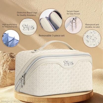Travel Makeup Bag Cosmetic Bags for Women: Large Capacity 3 Pcs Set Make up Bag with Compartments - Waterproof Vegan Leather Toiletry Organizer Bags with Handle (Z-65Light Green)