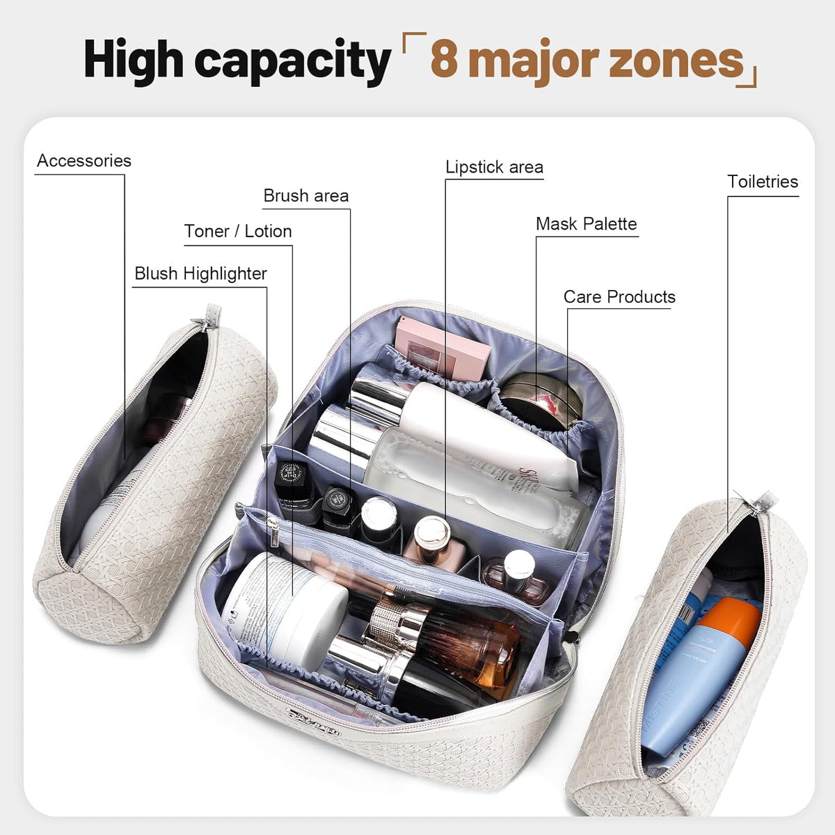 Travel Makeup Bag Cosmetic Bags for Women: Large Capacity 3 Pcs Set Make up Bag with Compartments - Waterproof Vegan Leather Toiletry Organizer Bags with Handle (Z-65Light Green)