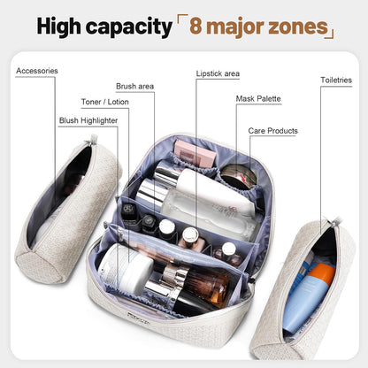 Travel Makeup Bag Cosmetic Bags for Women: Large Capacity 3 Pcs Set Make up Bag with Compartments - Waterproof Vegan Leather Toiletry Organizer Bags with Handle (Z-65Light Green)