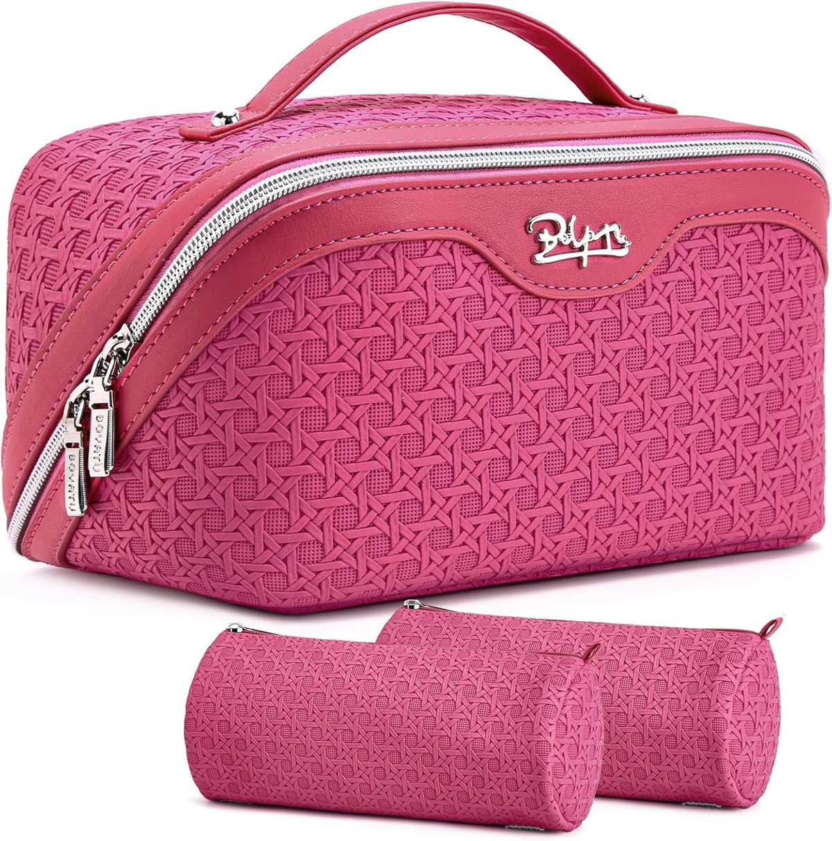 Travel Makeup Bag Cosmetic Bags for Women: Large Capacity 3 Pcs Set Make up Bag with Compartments - Waterproof Vegan Leather Toiletry Organizer Bags with Handle (Z-65Light Green)