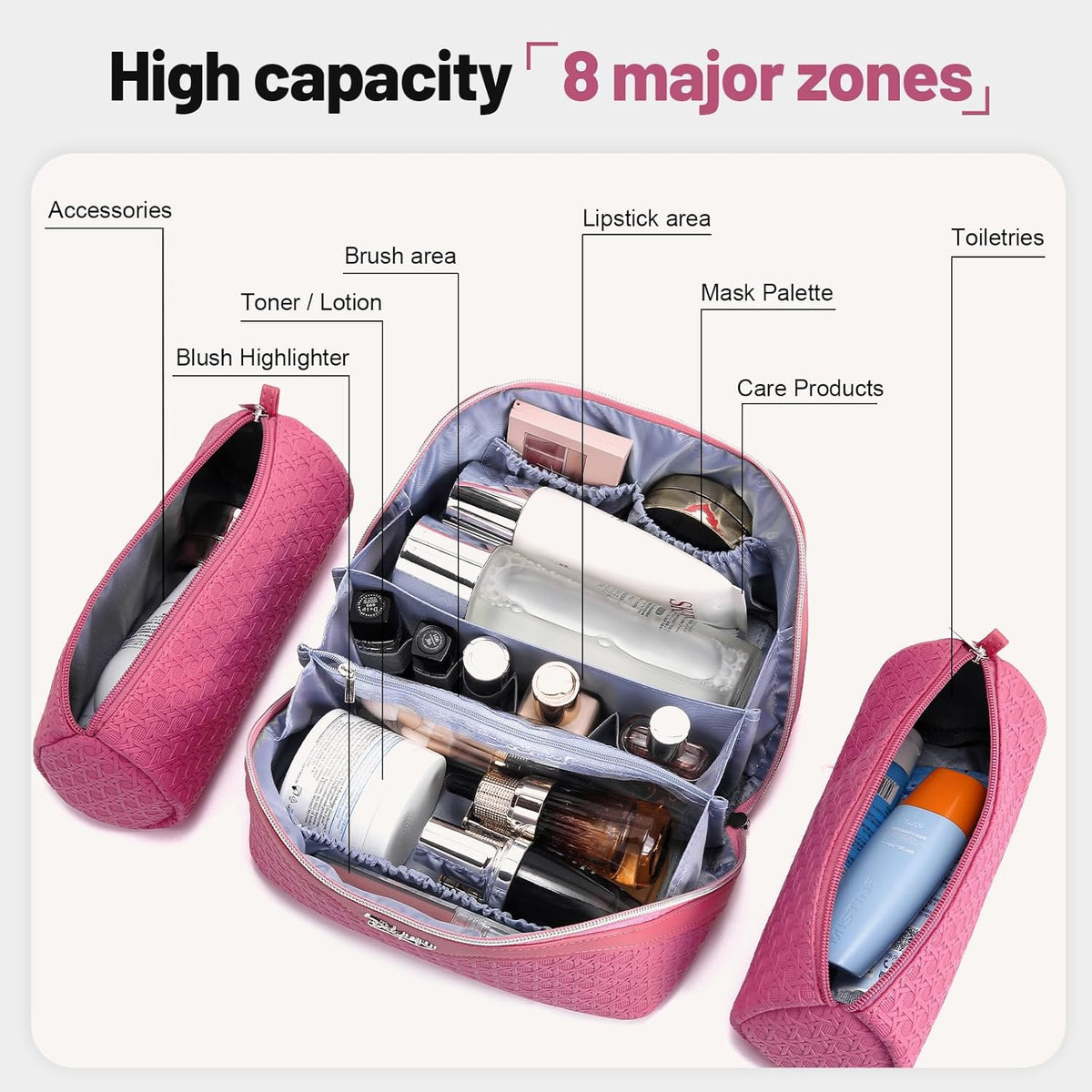 Travel Makeup Bag Cosmetic Bags for Women: Large Capacity 3 Pcs Set Make up Bag with Compartments - Waterproof Vegan Leather Toiletry Organizer Bags with Handle (Z-65Light Green)