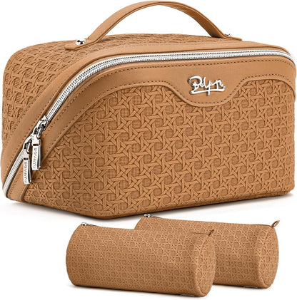 Travel Makeup Bag Cosmetic Bags for Women: Large Capacity 3 Pcs Set Make up Bag with Compartments - Waterproof Vegan Leather Toiletry Organizer Bags with Handle (Z-65Light Green)