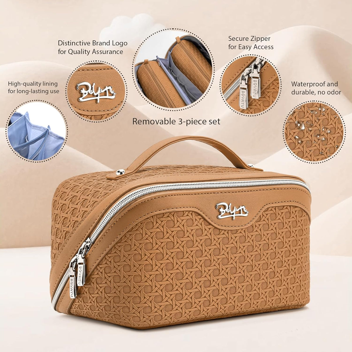 Travel Makeup Bag Cosmetic Bags for Women: Large Capacity 3 Pcs Set Make up Bag with Compartments - Waterproof Vegan Leather Toiletry Organizer Bags with Handle (Z-65Light Green)