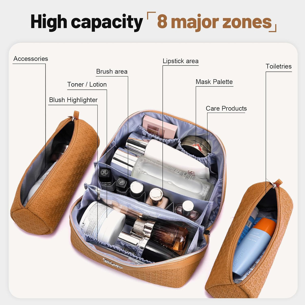 Travel Makeup Bag Cosmetic Bags for Women: Large Capacity 3 Pcs Set Make up Bag with Compartments - Waterproof Vegan Leather Toiletry Organizer Bags with Handle (Z-65Light Green)