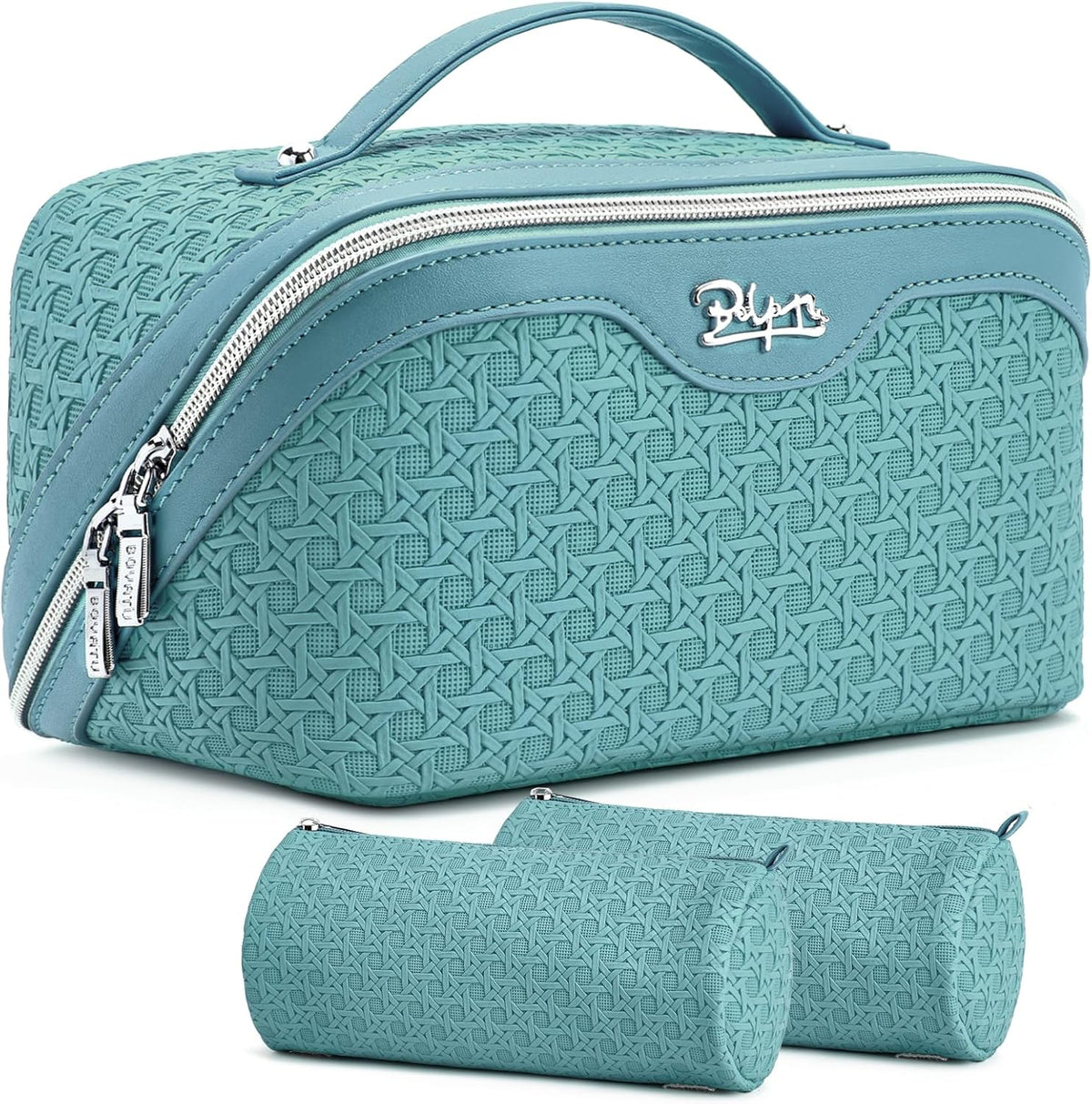Travel Makeup Bag Cosmetic Bags for Women: Large Capacity 3 Pcs Set Make up Bag with Compartments - Waterproof Vegan Leather Toiletry Organizer Bags with Handle (Z-65Light Green)