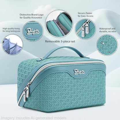 Travel Makeup Bag Cosmetic Bags for Women: Large Capacity 3 Pcs Set Make up Bag with Compartments - Waterproof Vegan Leather Toiletry Organizer Bags with Handle (Z-65Light Green)