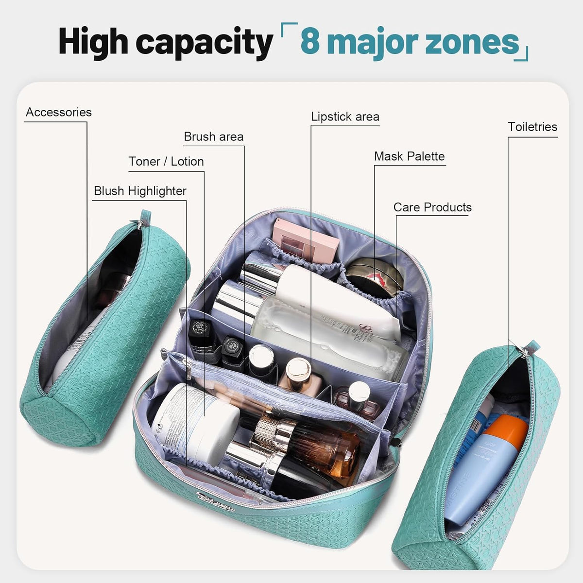 Travel Makeup Bag Cosmetic Bags for Women: Large Capacity 3 Pcs Set Make up Bag with Compartments - Waterproof Vegan Leather Toiletry Organizer Bags with Handle (Z-65Light Green)