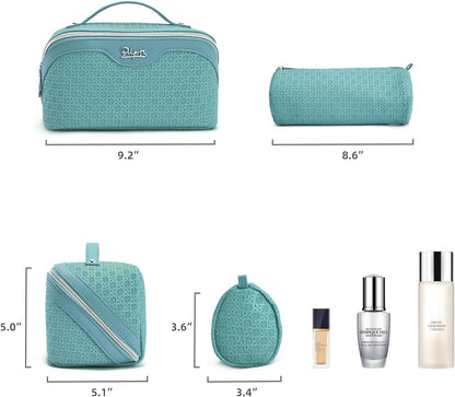 Travel Makeup Bag Cosmetic Bags for Women: Large Capacity 3 Pcs Set Make up Bag with Compartments - Waterproof Vegan Leather Toiletry Organizer Bags with Handle (Z-65Light Green)