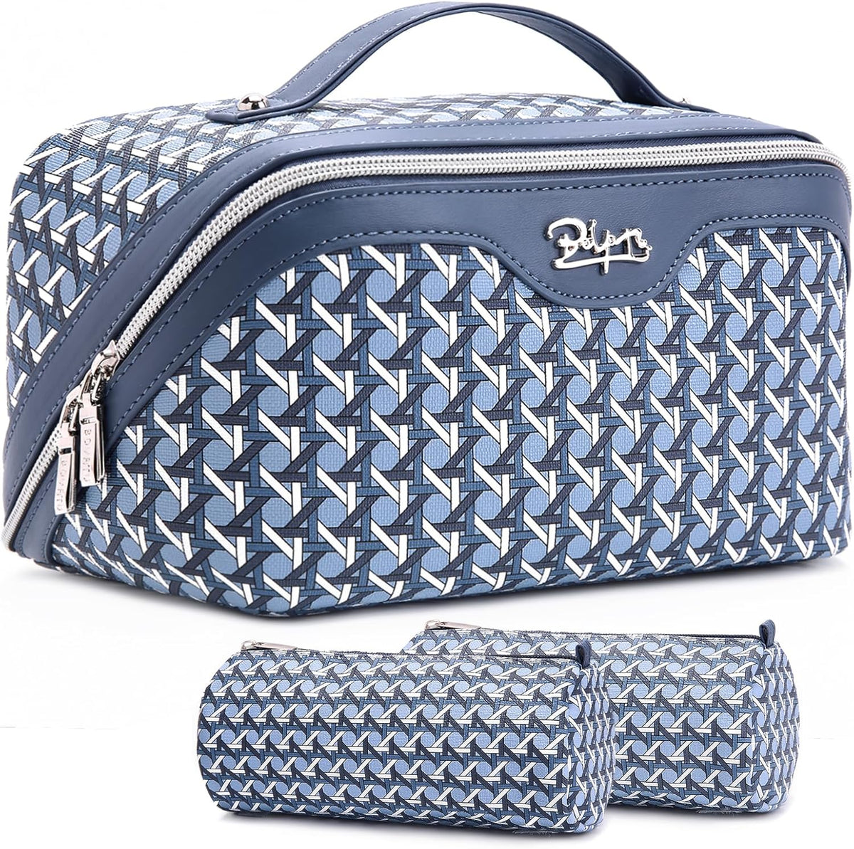Travel Makeup Bag Cosmetic Bags for Women: Large Capacity 3 Pcs Set Make up Bag with Compartments - Waterproof Vegan Leather Toiletry Organizer Bags with Handle (Z-65Light Green)