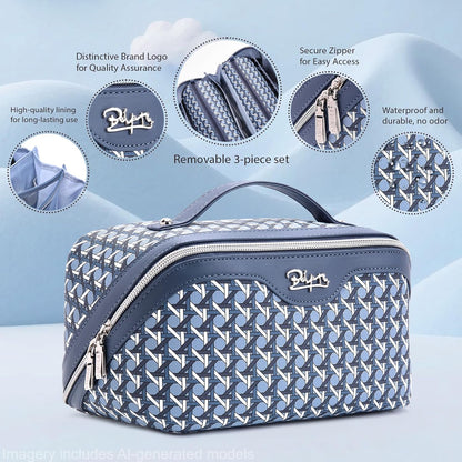 Travel Makeup Bag Cosmetic Bags for Women: Large Capacity 3 Pcs Set Make up Bag with Compartments - Waterproof Vegan Leather Toiletry Organizer Bags with Handle (Z-65Light Green)