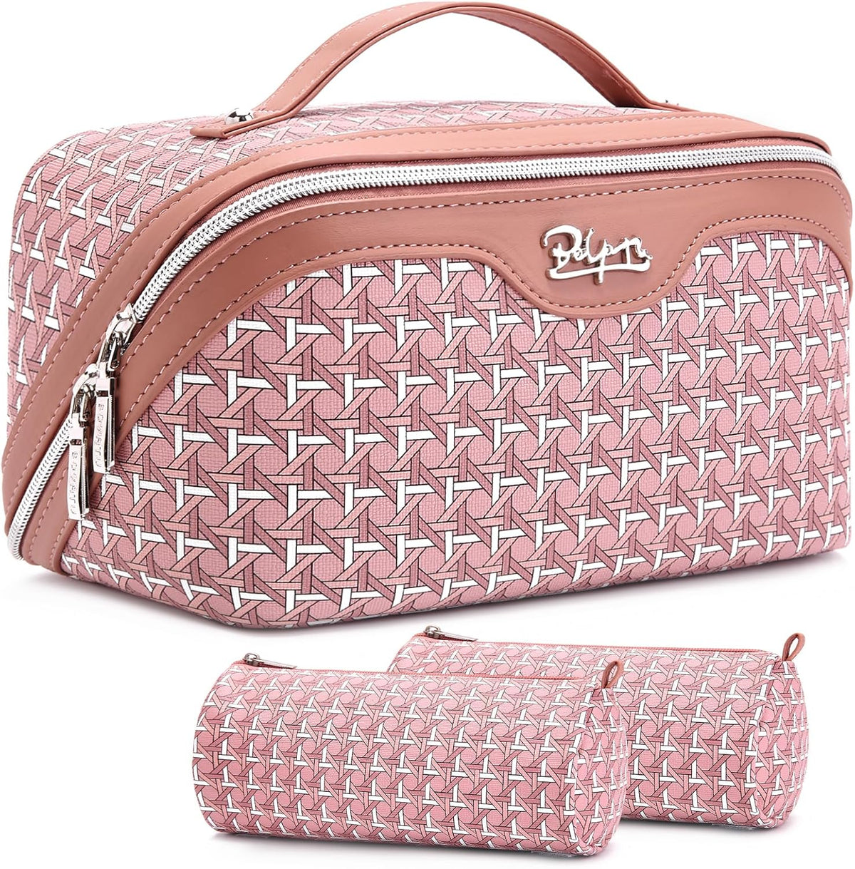 Travel Makeup Bag Cosmetic Bags for Women: Large Capacity 3 Pcs Set Make up Bag with Compartments - Waterproof Vegan Leather Toiletry Organizer Bags with Handle (Z-65Light Green)