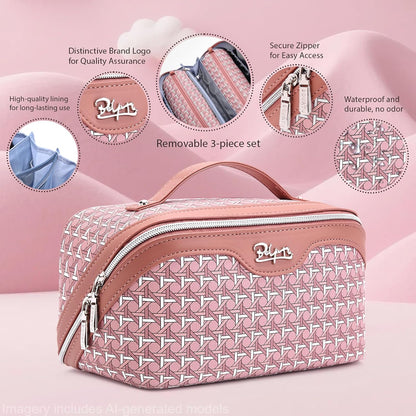 Travel Makeup Bag Cosmetic Bags for Women: Large Capacity 3 Pcs Set Make up Bag with Compartments - Waterproof Vegan Leather Toiletry Organizer Bags with Handle (Z-65Light Green)