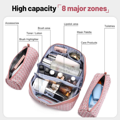 Travel Makeup Bag Cosmetic Bags for Women: Large Capacity 3 Pcs Set Make up Bag with Compartments - Waterproof Vegan Leather Toiletry Organizer Bags with Handle (Z-65Light Green)