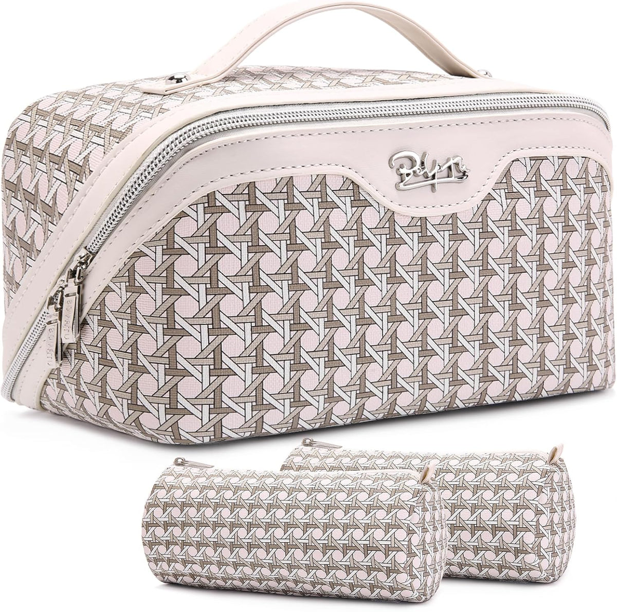 Travel Makeup Bag Cosmetic Bags for Women: Large Capacity 3 Pcs Set Make up Bag with Compartments - Waterproof Vegan Leather Toiletry Organizer Bags with Handle (Z-65Light Green)