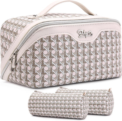 Travel Makeup Bag Cosmetic Bags for Women: Large Capacity 3 Pcs Set Make up Bag with Compartments - Waterproof Vegan Leather Toiletry Organizer Bags with Handle (Z-65Light Green)