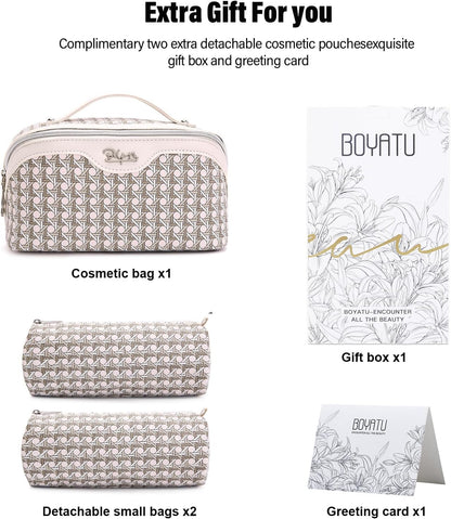 Travel Makeup Bag Cosmetic Bags for Women: Large Capacity 3 Pcs Set Make up Bag with Compartments - Waterproof Vegan Leather Toiletry Organizer Bags with Handle (Z-65Light Green)