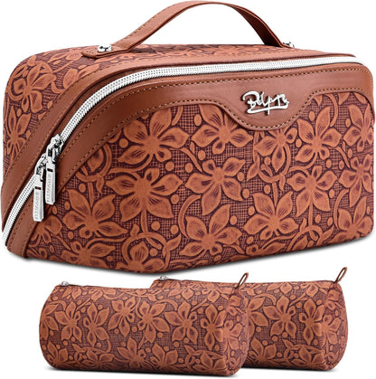 Travel Makeup Bag Cosmetic Bags for Women: Large Capacity 3 Pcs Set Make up Bag with Compartments - Waterproof Vegan Leather Toiletry Organizer Bags with Handle (Z-65Light Green)