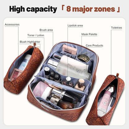 Travel Makeup Bag Cosmetic Bags for Women: Large Capacity 3 Pcs Set Make up Bag with Compartments - Waterproof Vegan Leather Toiletry Organizer Bags with Handle (Z-65Light Green)