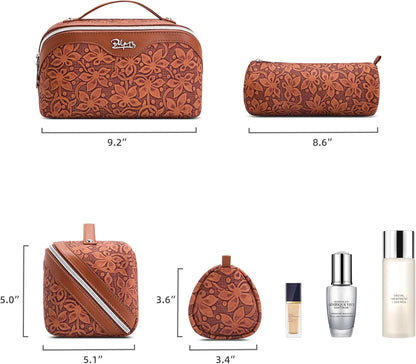 Travel Makeup Bag Cosmetic Bags for Women: Large Capacity 3 Pcs Set Make up Bag with Compartments - Waterproof Vegan Leather Toiletry Organizer Bags with Handle (Z-65Light Green)