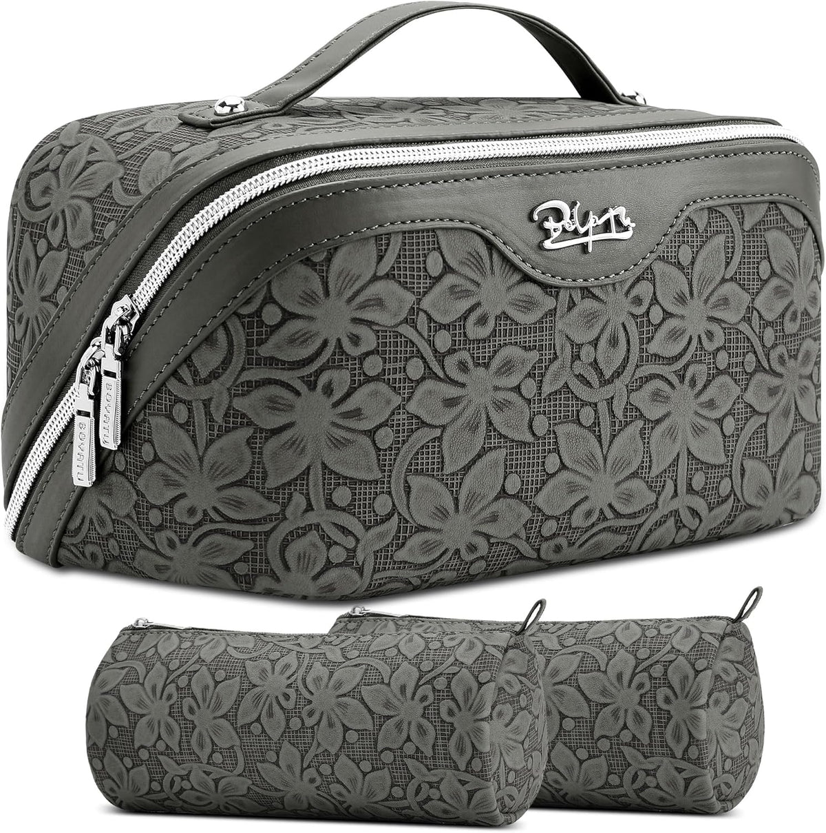 Travel Makeup Bag Cosmetic Bags for Women: Large Capacity 3 Pcs Set Make up Bag with Compartments - Waterproof Vegan Leather Toiletry Organizer Bags with Handle (Z-65Light Green)