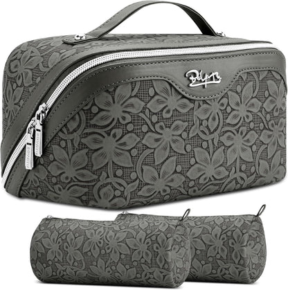 Travel Makeup Bag Cosmetic Bags for Women: Large Capacity 3 Pcs Set Make up Bag with Compartments - Waterproof Vegan Leather Toiletry Organizer Bags with Handle (Z-65Light Green)