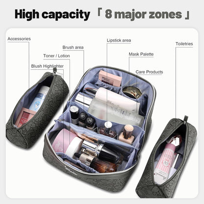 Travel Makeup Bag Cosmetic Bags for Women: Large Capacity 3 Pcs Set Make up Bag with Compartments - Waterproof Vegan Leather Toiletry Organizer Bags with Handle (Z-65Light Green)