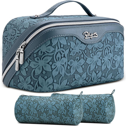 Travel Makeup Bag Cosmetic Bags for Women: Large Capacity 3 Pcs Set Make up Bag with Compartments - Waterproof Vegan Leather Toiletry Organizer Bags with Handle (Z-65Light Green)