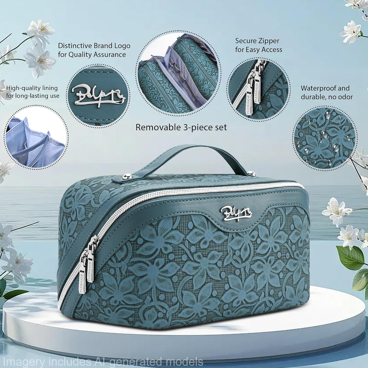 Travel Makeup Bag Cosmetic Bags for Women: Large Capacity 3 Pcs Set Make up Bag with Compartments - Waterproof Vegan Leather Toiletry Organizer Bags with Handle (Z-65Light Green)