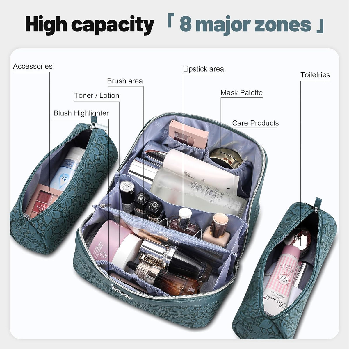 Travel Makeup Bag Cosmetic Bags for Women: Large Capacity 3 Pcs Set Make up Bag with Compartments - Waterproof Vegan Leather Toiletry Organizer Bags with Handle (Z-65Light Green)