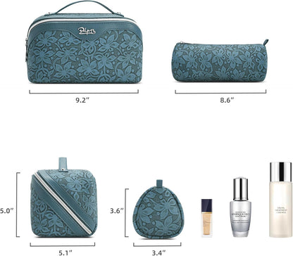 Travel Makeup Bag Cosmetic Bags for Women: Large Capacity 3 Pcs Set Make up Bag with Compartments - Waterproof Vegan Leather Toiletry Organizer Bags with Handle (Z-65Light Green)