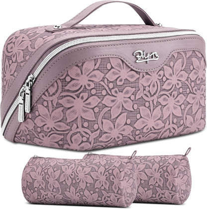 Travel Makeup Bag Cosmetic Bags for Women: Large Capacity 3 Pcs Set Make up Bag with Compartments - Waterproof Vegan Leather Toiletry Organizer Bags with Handle (Z-65Light Green)