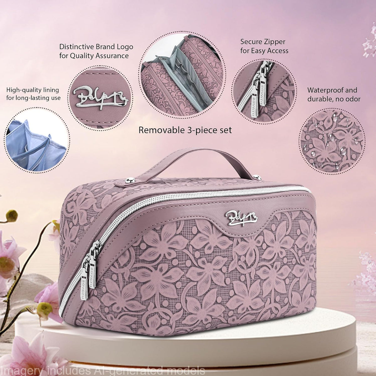 Travel Makeup Bag Cosmetic Bags for Women: Large Capacity 3 Pcs Set Make up Bag with Compartments - Waterproof Vegan Leather Toiletry Organizer Bags with Handle (Z-65Light Green)