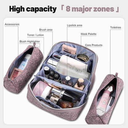 Travel Makeup Bag Cosmetic Bags for Women: Large Capacity 3 Pcs Set Make up Bag with Compartments - Waterproof Vegan Leather Toiletry Organizer Bags with Handle (Z-65Light Green)