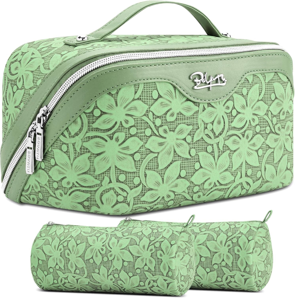 Travel Makeup Bag Cosmetic Bags for Women: Large Capacity 3 Pcs Set Make up Bag with Compartments - Waterproof Vegan Leather Toiletry Organizer Bags with Handle (Z-65Light Green)