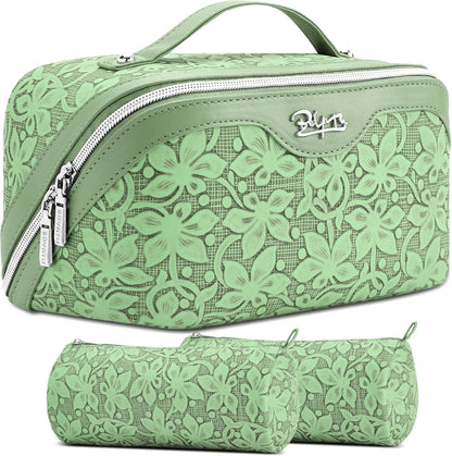 Travel Makeup Bag Cosmetic Bags for Women: Large Capacity 3 Pcs Set Make up Bag with Compartments - Waterproof Vegan Leather Toiletry Organizer Bags with Handle (Z-65Light Green)