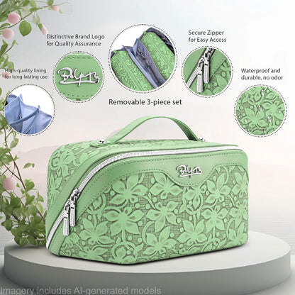 Travel Makeup Bag Cosmetic Bags for Women: Large Capacity 3 Pcs Set Make up Bag with Compartments - Waterproof Vegan Leather Toiletry Organizer Bags with Handle (Z-65Light Green)