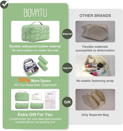 Travel Makeup Bag Cosmetic Bags for Women: Large Capacity 3 Pcs Set Make up Bag with Compartments - Waterproof Vegan Leather Toiletry Organizer Bags with Handle (Z-65Light Green)
