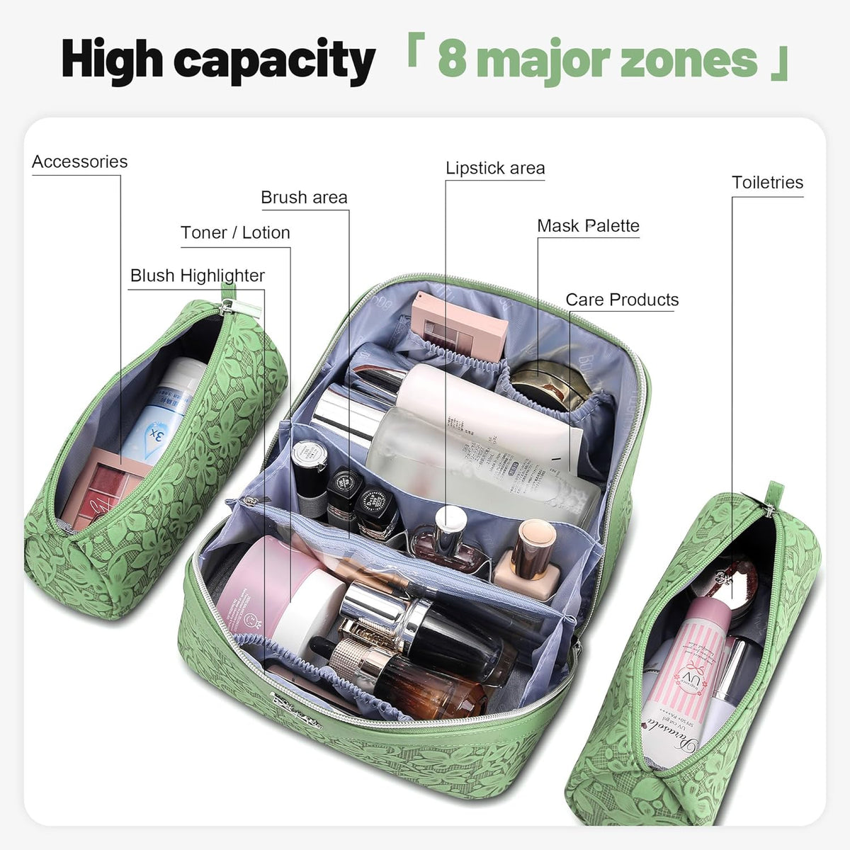 Travel Makeup Bag Cosmetic Bags for Women: Large Capacity 3 Pcs Set Make up Bag with Compartments - Waterproof Vegan Leather Toiletry Organizer Bags with Handle (Z-65Light Green)