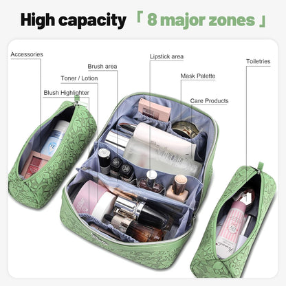 Travel Makeup Bag Cosmetic Bags for Women: Large Capacity 3 Pcs Set Make up Bag with Compartments - Waterproof Vegan Leather Toiletry Organizer Bags with Handle (Z-65Light Green)