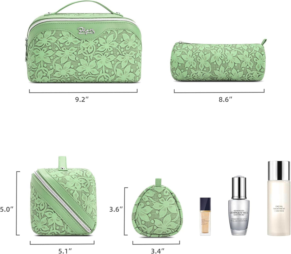 Travel Makeup Bag Cosmetic Bags for Women: Large Capacity 3 Pcs Set Make up Bag with Compartments - Waterproof Vegan Leather Toiletry Organizer Bags with Handle (Z-65Light Green)