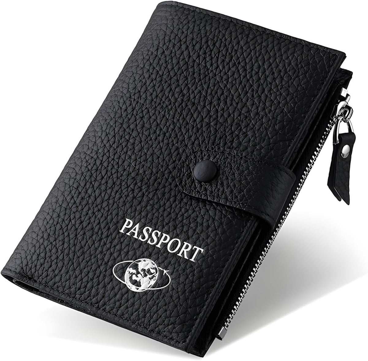 RFID Blocking Genuine Leather Passport Holder for Travel, Slim Passport Wallet with Zipper Pocket, Cash Compartment & Card Slots, Travel Document Organizer for Men Women Family