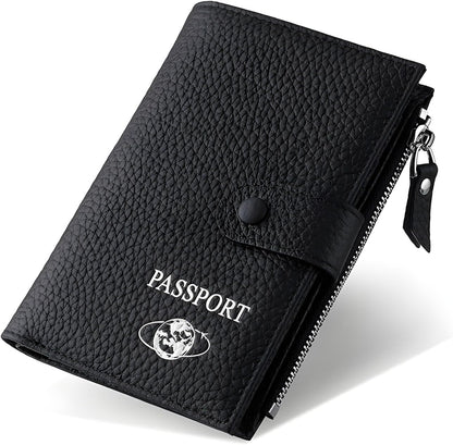 RFID Blocking Genuine Leather Passport Holder for Travel, Slim Passport Wallet with Zipper Pocket, Cash Compartment & Card Slots, Travel Document Organizer for Men Women Family