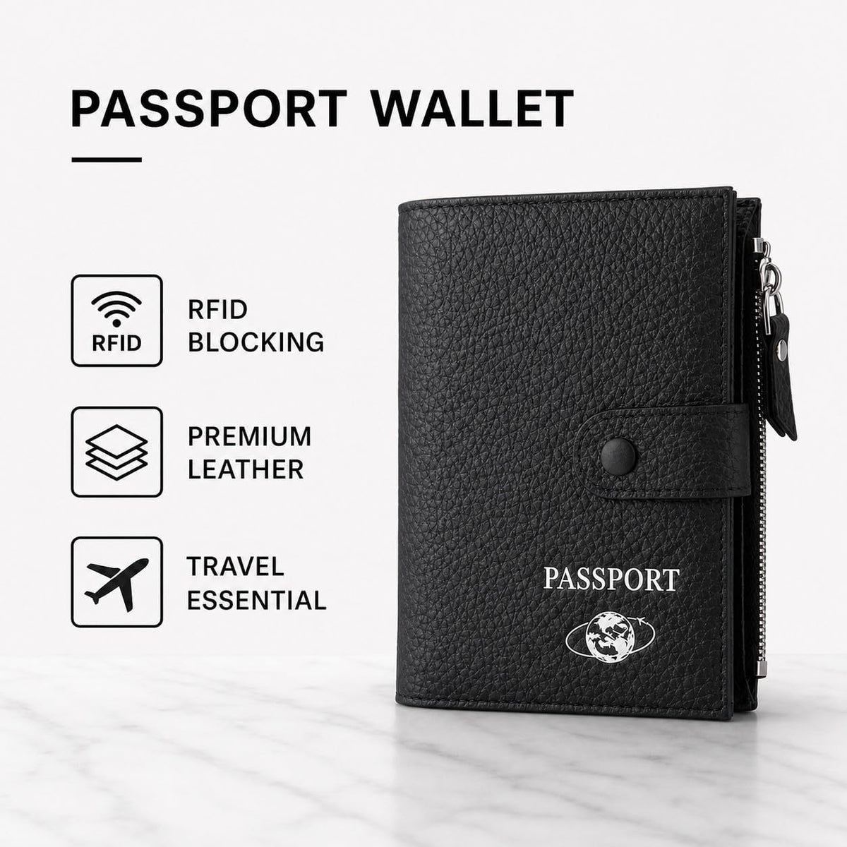 RFID Blocking Genuine Leather Passport Holder for Travel, Slim Passport Wallet with Zipper Pocket, Cash Compartment & Card Slots, Travel Document Organizer for Men Women Family