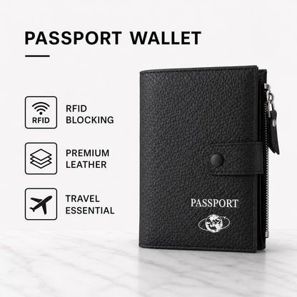 RFID Blocking Genuine Leather Passport Holder for Travel, Slim Passport Wallet with Zipper Pocket, Cash Compartment & Card Slots, Travel Document Organizer for Men Women Family